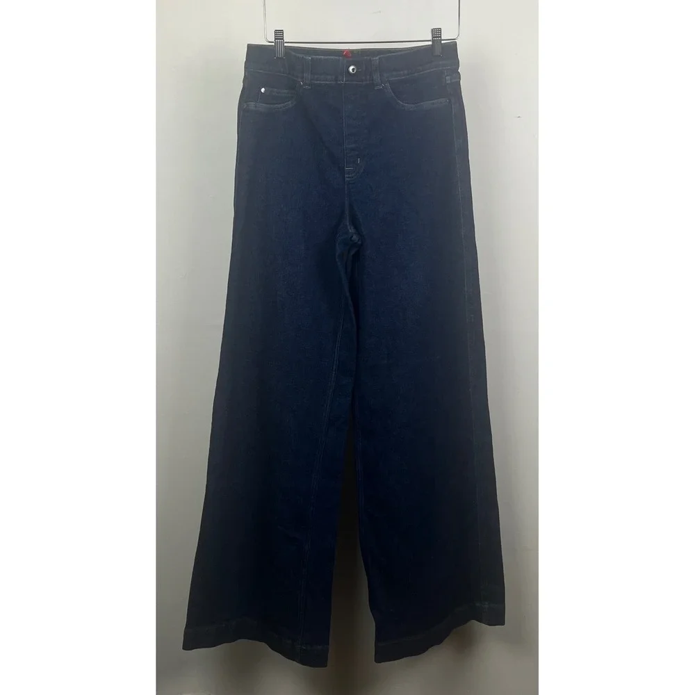 Spanx Wide Leg Jeans Raw Indigo High Rise Pull On Denim 20547T Large Long